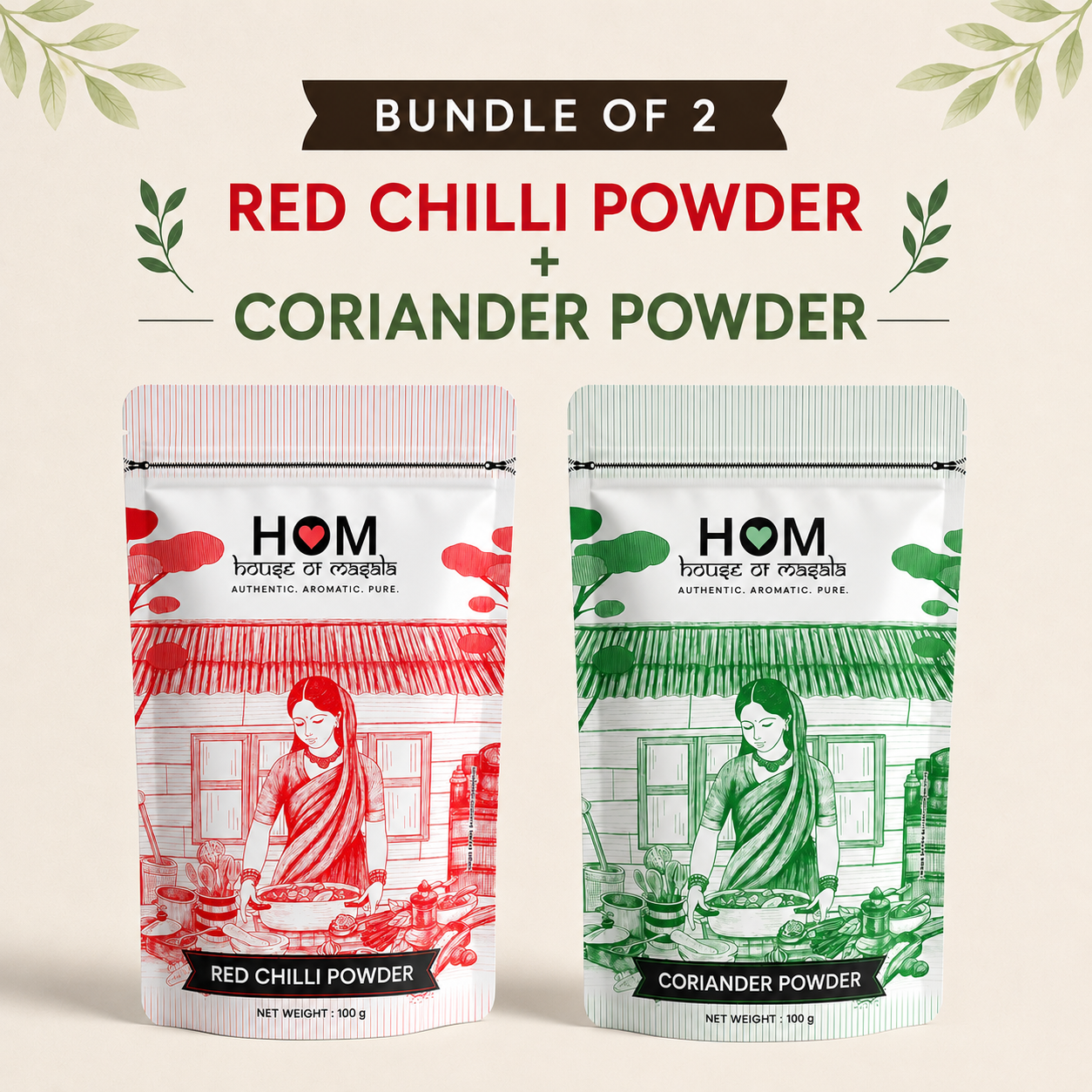 HOM Spice Combo Pack (Set of 2) – Red Chilli Powder, Coriander Powder | 100G each