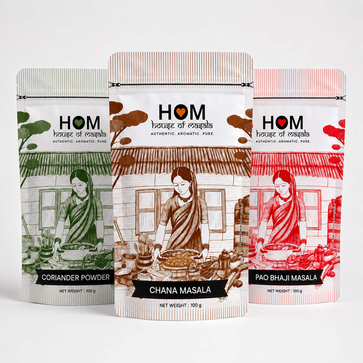 HOM Spice Combo Pack (Set of 3) – Chana Masala, Coriander Powder, Pao Bhaji Masala | 100G each