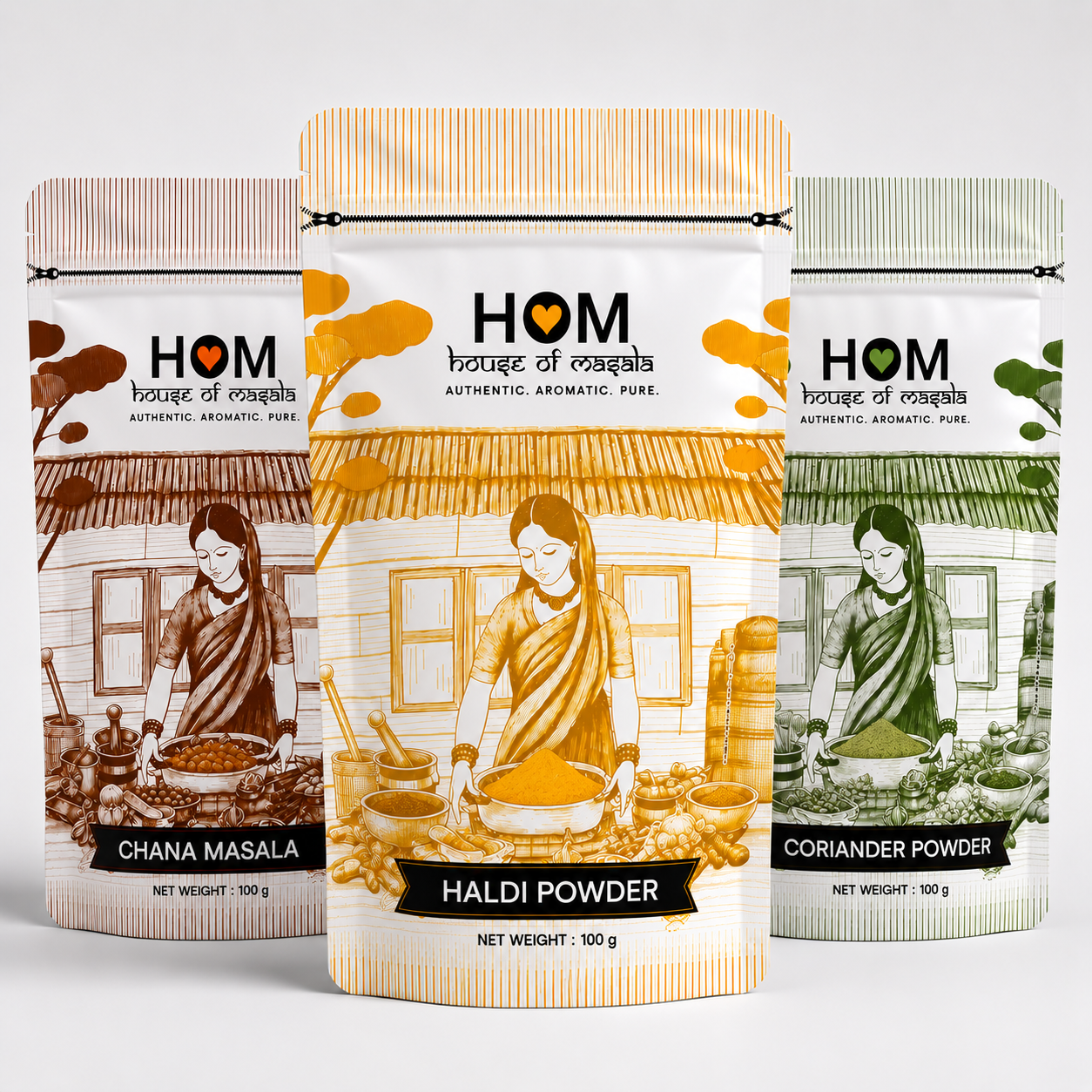 HOM Spice Combo Pack (Set of 3) – Haldi Powder, Chana Masala, Coriander Powder | 100G each